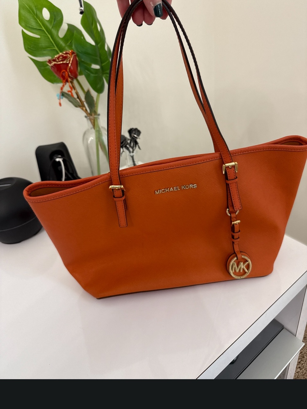 Michael Kors Orange Leather Tote with MK Pendant